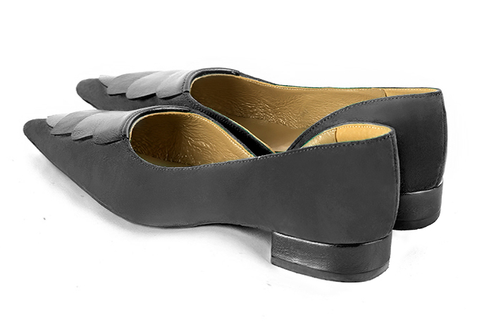Dark grey women's open arch dress pumps. Pointed toe. Flat flare heels. Rear view - Florence KOOIJMAN